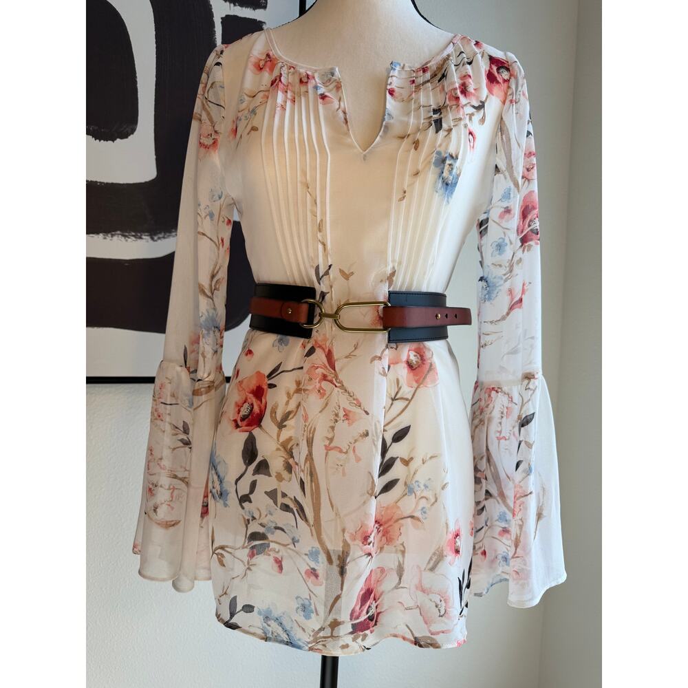 White House Black Market Floral Chiffon Bell Sleeve Blouse | Size M